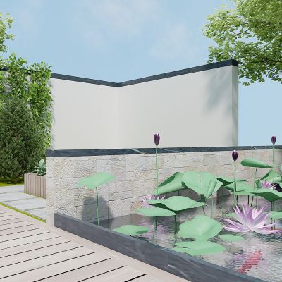 新中式庭院，阳台花园，露台，景观绿植，树木，荷花池