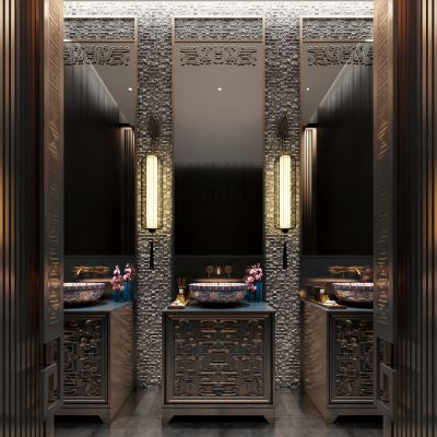 新中式酒店卫生间 洗手盆 雕花