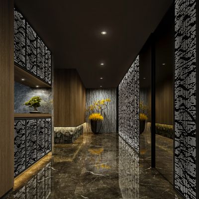 新中式酒店走廊　过道　植物