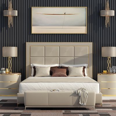 法式双人床床头柜靠包抱枕壁灯