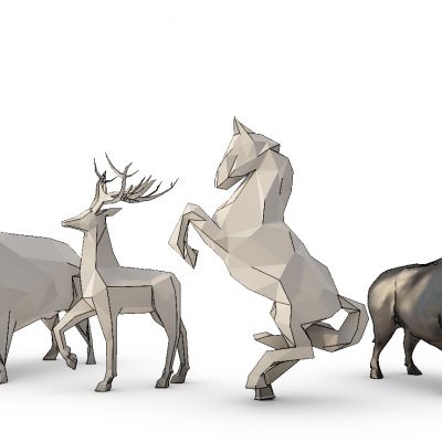 现代几何面动物摆件牛马鹿雕塑3D模型
