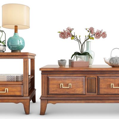 新中式实木茶几灯几摆件组合