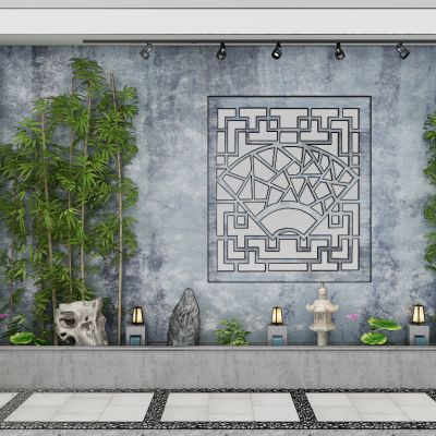 中式竹子荷花水景