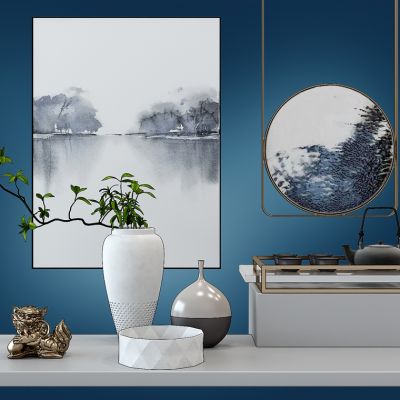 新中式软装盆栽挂画组合花瓶