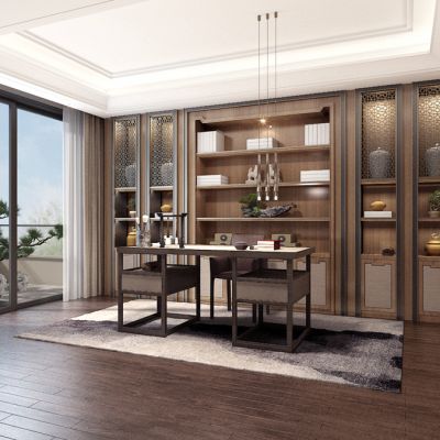 新中式书房书桌书柜松树