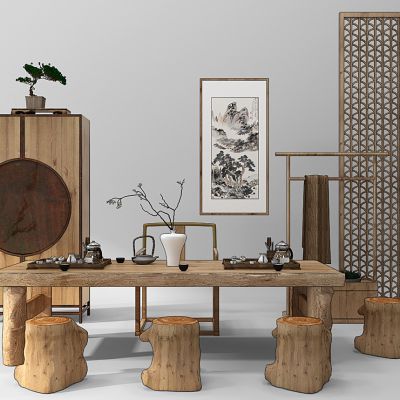 中式茶桌椅装饰柜树墩座椅