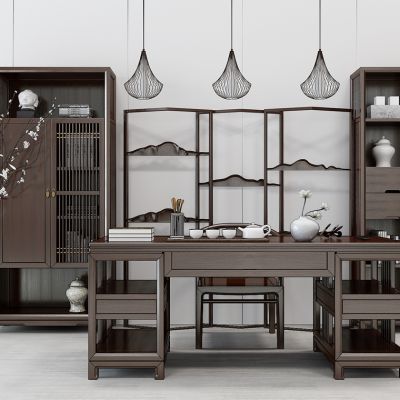 新中式书房书柜桌椅组合屏风