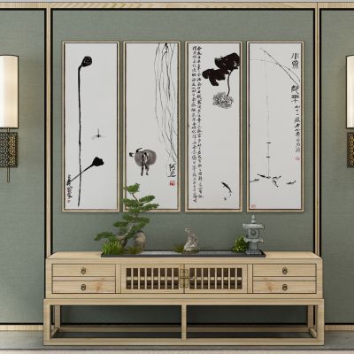 新中式禅意水墨装饰画电视柜盆景