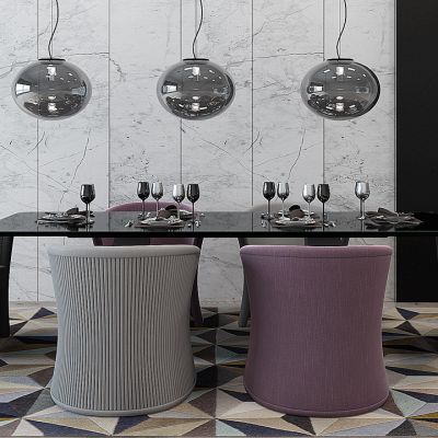 现代低奢餐桌椅吊灯餐具组合