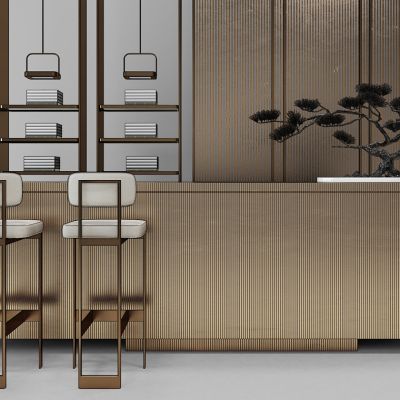 新中式吧台吧椅接待台松树盆景