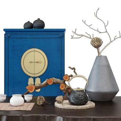 中式边柜茶壶干枝摆件组合