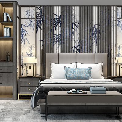 新中式床床头柜书柜台灯组合