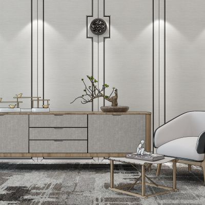 新中式电视柜单椅休闲椅脚踏摆件组合