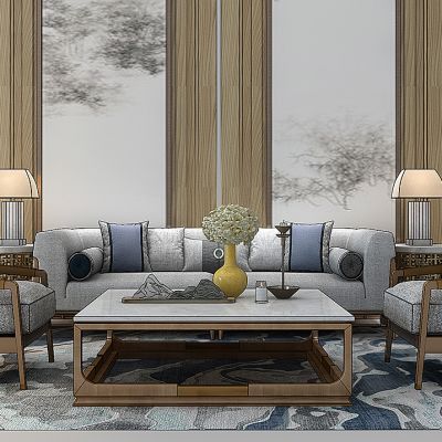 新中式沙发茶几台灯组合