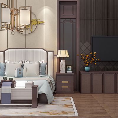 新中式床床头柜吊灯电视柜组合