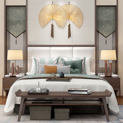 新中式床床头柜扇子挂饰床尾凳