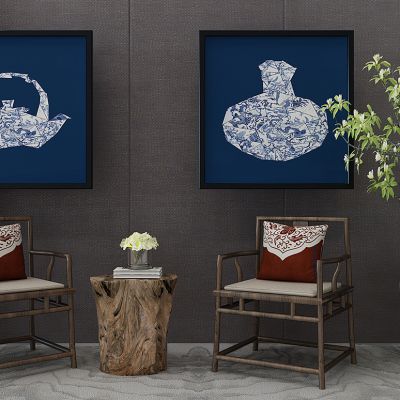 新中式椅子木桩边几陶罐植物