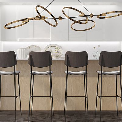 现代吧台吧椅橱柜金属吊灯组合