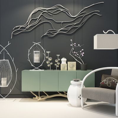 新中式风格单椅边柜装饰柜陈设品台灯落地灯