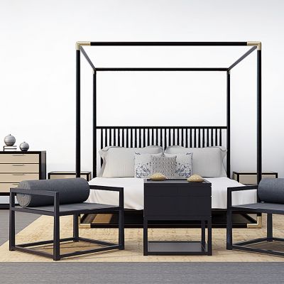 新中式床具架子床装饰柜组合