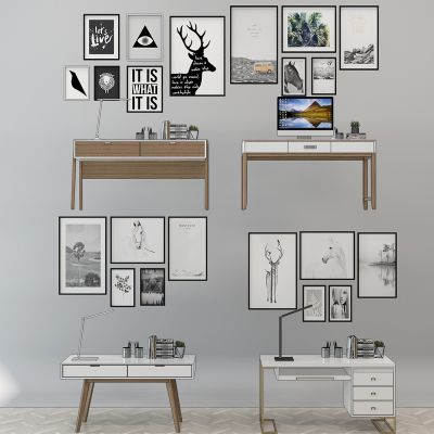 现代书桌写字台挂画组合