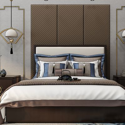 新中式床床头柜花瓶茶具吊灯组合