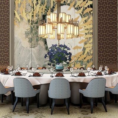 新中式包间餐桌椅吊灯组合