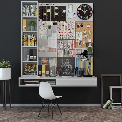 现代实木书桌椅盆栽书籍组合