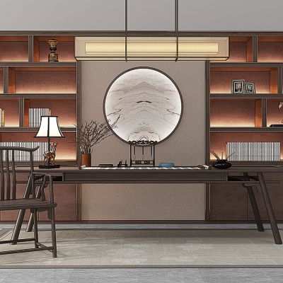 中式书桌椅书柜子吊灯组合