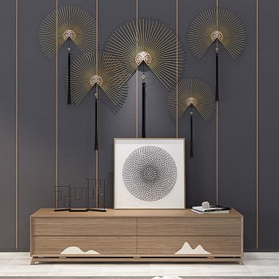 新中式电视柜墙饰扇子挂饰