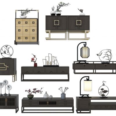 新中式电视柜玄关柜摆件饰品花瓶组合