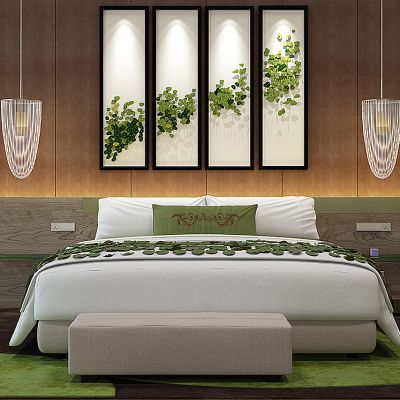新中式客房床四联画，挂画组合