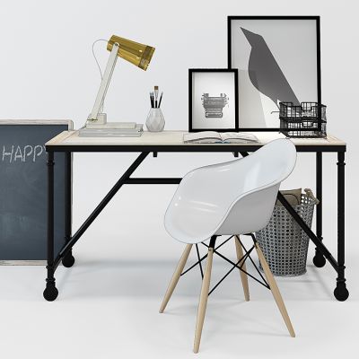 北欧原木色木艺书桌椅垃圾桶