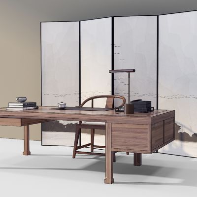 新中式大班台办公桌书桌屏风