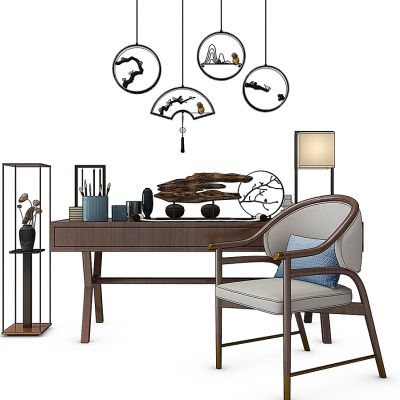 中式书桌椅落地灯吊灯组合