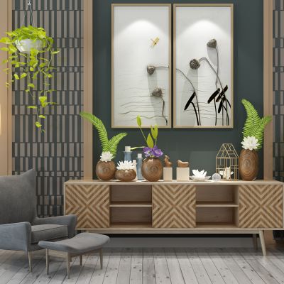 东南亚电视柜休闲椅花盆摆件挂画