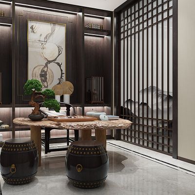 新中式书房书柜书桌椅鼓凳