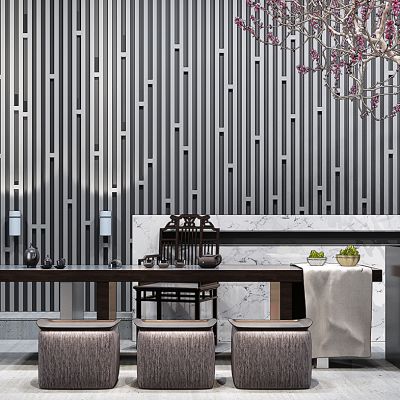 中式茶台茶桌椅凳子盆景树组合