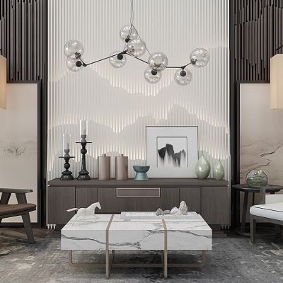 新中式屏风电视柜沙发椅吊灯组