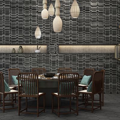 新中式包间餐桌椅落地灯吊灯瓦片墙组合