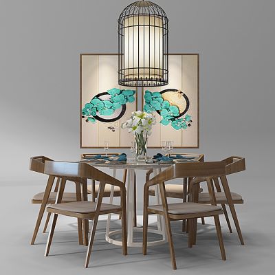 新中式圆形餐桌椅子组合