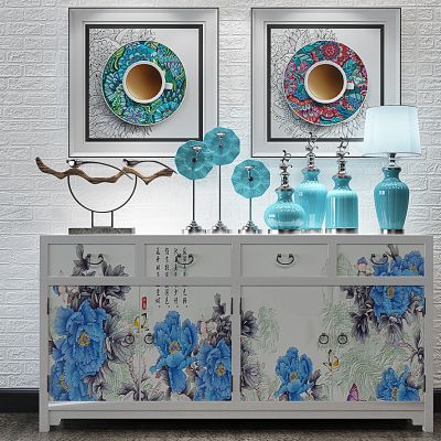 新中式端景柜荷叶树枝鸟装饰品挂画