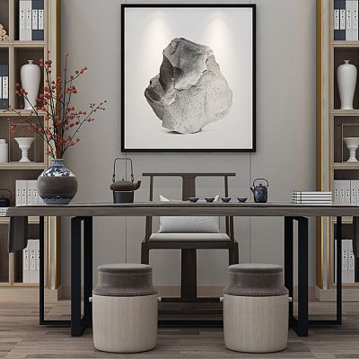 新中式书桌椅书房书柜装饰花瓶组合