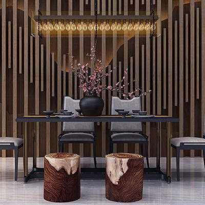 新中式餐桌椅木墩花瓶吊灯