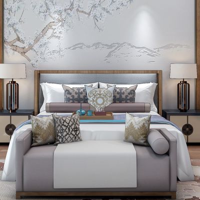 中式床床头柜台灯背景画