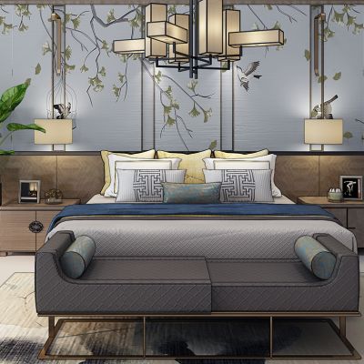 新中式床床尾榻花瓶花鸟背景