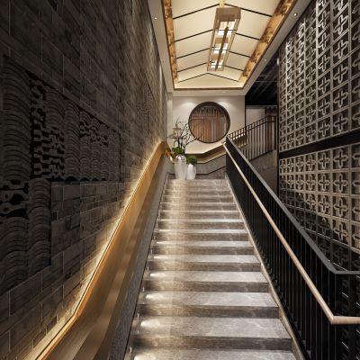 新中式餐饮楼梯间瓦片墙面砖墙