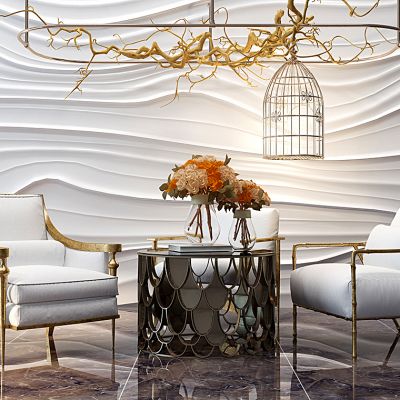 单人休闲椅茶几树枝鸟笼吊灯波浪墙组合