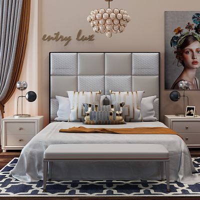 现代轻奢简欧双人床床头柜吊灯窗帘