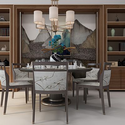 新中式圆形餐桌椅组合